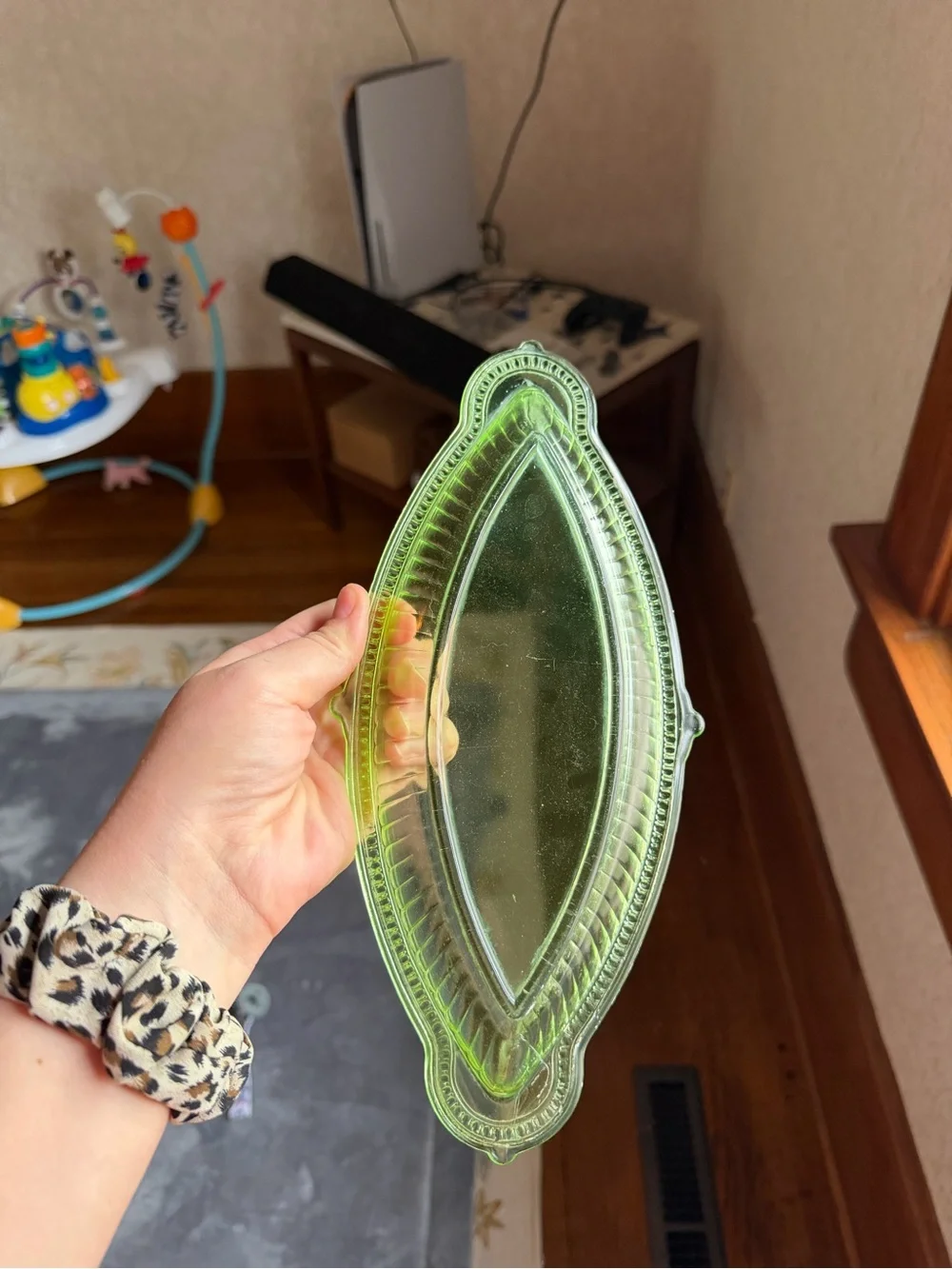 vintage green uranium glass oval celery or pickle dish
